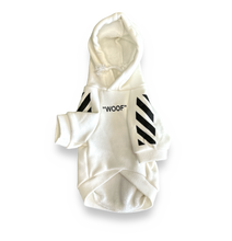 Load image into Gallery viewer, &quot;Woof&quot; White Hoodie with Crossbones
