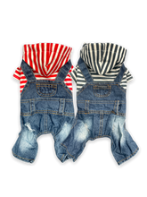 Load image into Gallery viewer, Denim Overalls w/ Striped Hoodie
